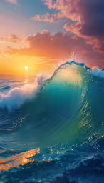 a sunset is the backdrop of this beautiful ocean wave,an ocean wave with sunset sky in background