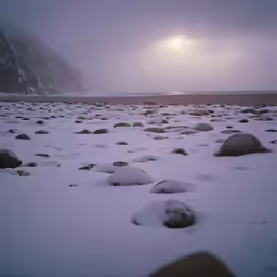 a beach covered in white rocks under a lightening sky