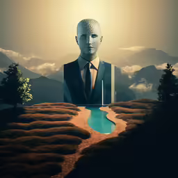 a very strange looking painting of a man that is on top of a hill