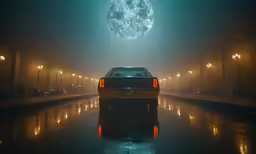 a car is shown with its back lights on in the middle of a foggy street