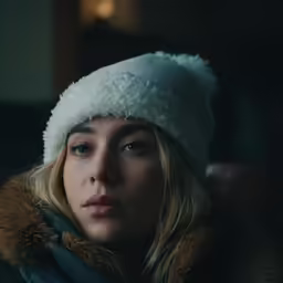 a woman with a fur lined hat stares forward