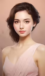 an asian woman wearing a dress with a pink background