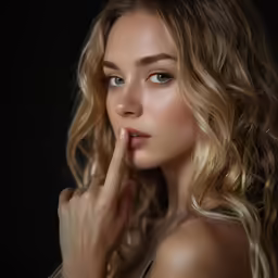 a woman posing with long blonde hair and a black background