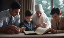 family reading the bible together in church