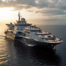two ships are sailing in a group, during sunset