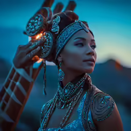 a woman in an oriental dress with a long chain attached to her neck