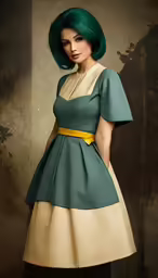 an attractive woman in a green dress posing for the camera