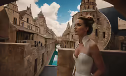 a woman in a dress standing on a balcony overlooking some buildings