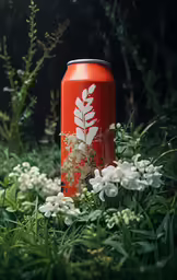 a red can is laying in the grass