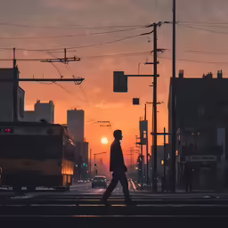 man in sunset crossing street on roadway near parked bus