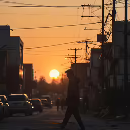 a person walking down a street during a sunset