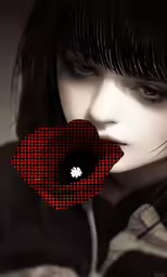 a red and black photograph with a white flower in the center