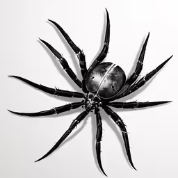 a black spider with claws attached to a white wall