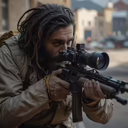 a man in a white shirt is aiming a weapon