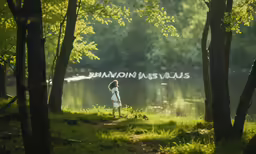 a little girl is looking at the water and trees