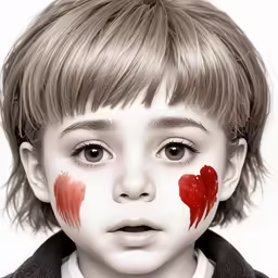 the young boy has two red hearts on his cheek