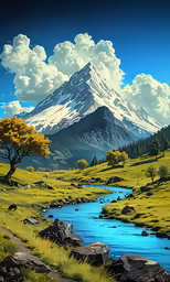 a painting of a mountain with trees and a stream