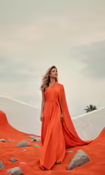 a woman standing in an orange dress and red rocks