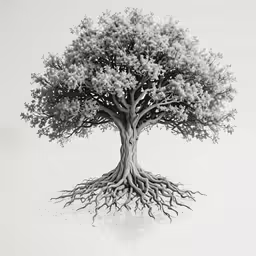 black and white image of a large tree with many leaves