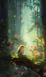 colorful bird sitting on branch in green forest with flowers,a bird sitting on a branch in the middle of some flowers