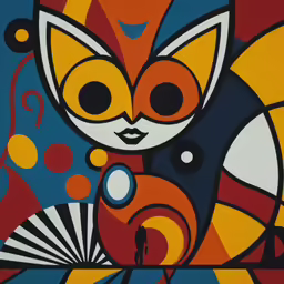 a painting with a man in front of it, an orange cat and blue and yellow