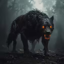 the creature with red glowing eyes is walking in a foggy forest