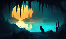 a dark, eerie scene with an image of a man and his dog