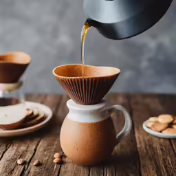a brown pitcher pouring coffee into a white cup