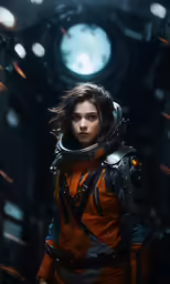 woman in orange space suit in sci - fi setting