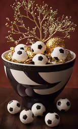 soccer balls sitting in a bowl of gold glitter