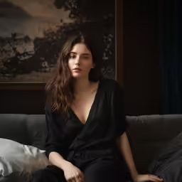 a woman in black sitting on top of a couch