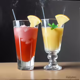 two colorful beverages in glasses sitting on a table