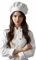 a woman standing in front of a white background with her arms crossed