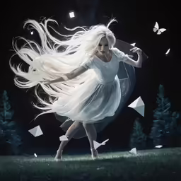 girl in white dress playing with paper airplanes