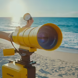 the person is holding a telescope and looking out at the water