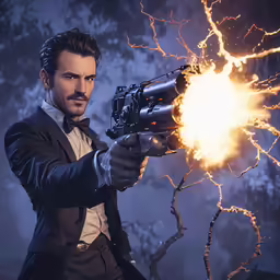 the character has the gun pointed to the camera