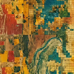 a very unique abstract painting made of colorful squares and dots