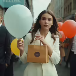 a woman in a white trench coat holding white balloons