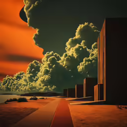 an image of a walkway between two buildings with clouds