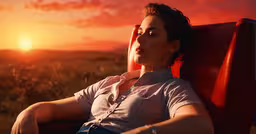 a woman sitting on a red chair in a field at sunset,a woman sitting on a red chair at sunset