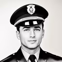 an uniformed man wearing a uniform is posing for a black and white photo