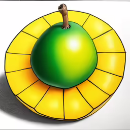 a cartoon depicting a yellow and green fruit with a brown cat on top
