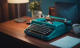 an old - fashioned blue typewriter with an antique lamp and a paper