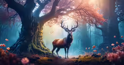 an art nouveau image of deer standing in the middle of a forest with roses in bloom