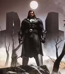 a man dressed as batman standing in the middle of a field