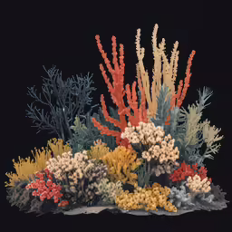an arrangement of corals and seaweed on a black background