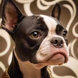 the boston terrier looks up as it poses for a picture