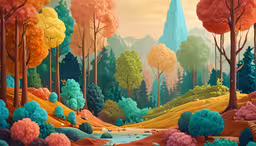 this is a beautiful forest scene with water and trees,an image of a painting with many colors