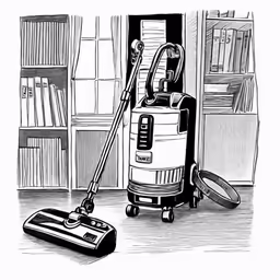 an upright vacuum cleaner is sitting in front of bookshelves