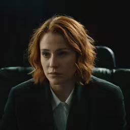 the woman in a black jacket has red hair